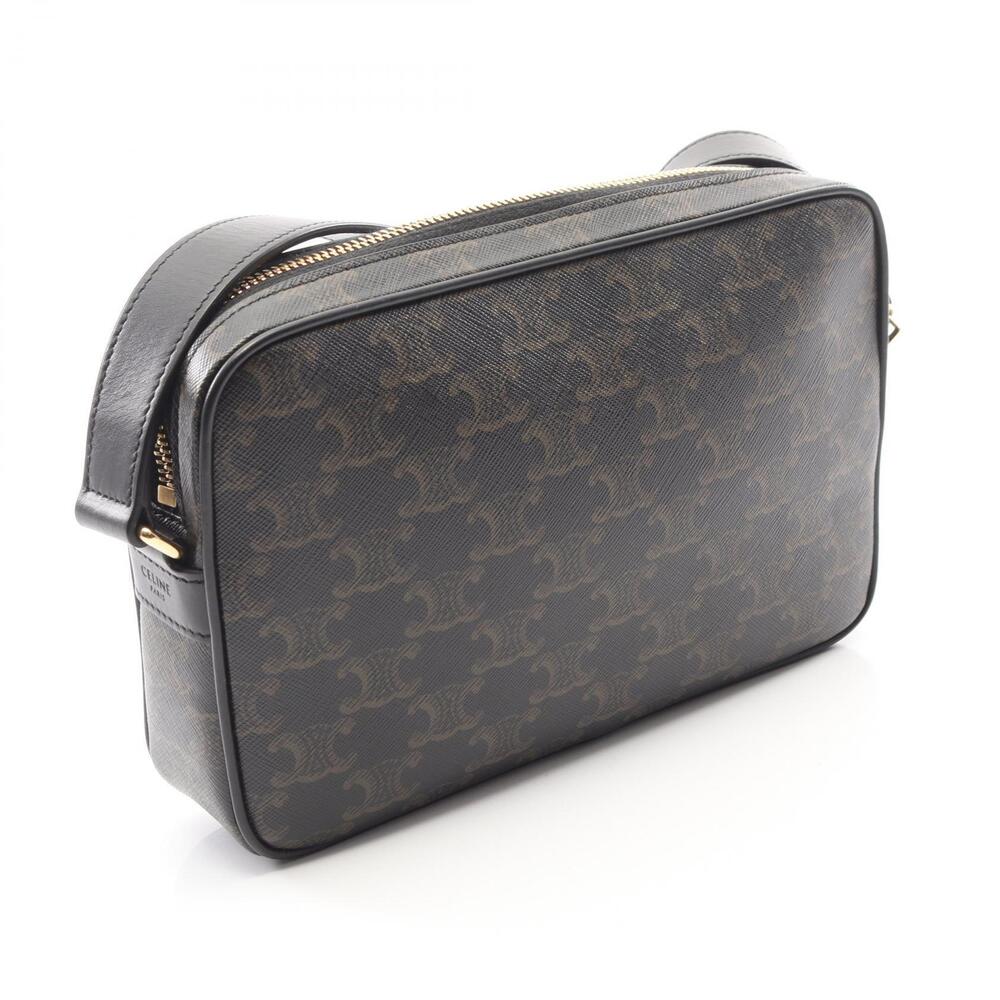 Celine Shoulder Canvas Messenger Triomphe Black Bag Leather Brown